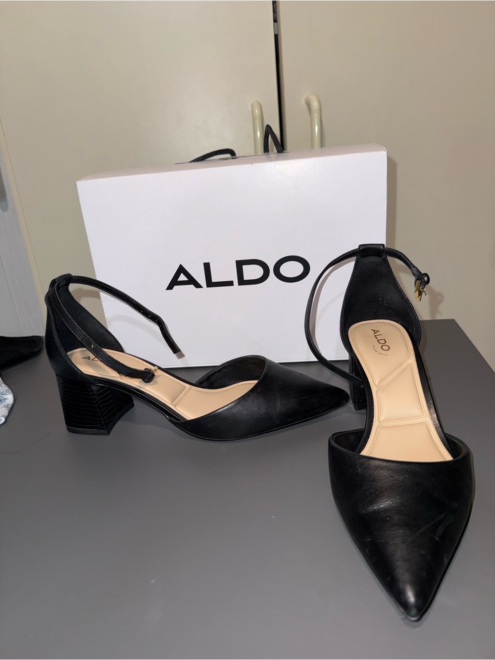 Aldo Black Pointed Ankle-Strap Block Heel Pumps